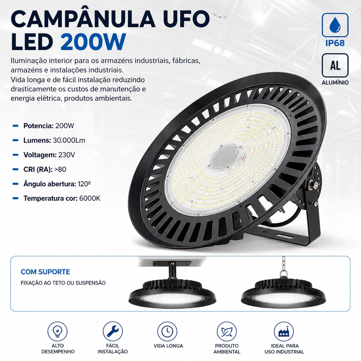 Campânula UFO Led 200W - 30.000Lm