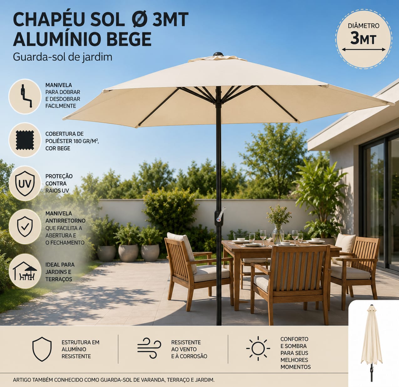 Chapeu sol Ø 3mt Aluminio Bege