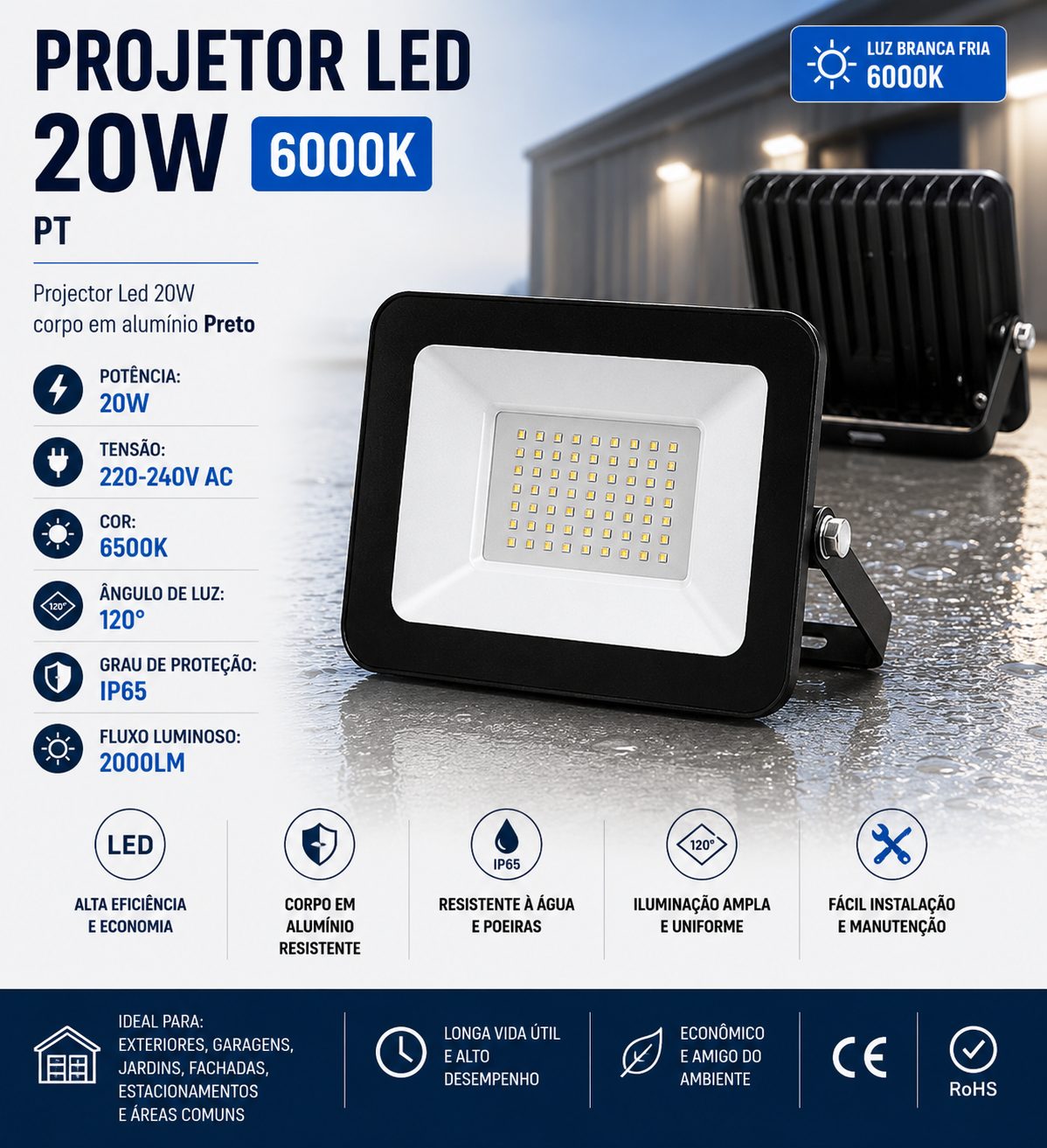 Projetor Led 20W 6000k PT