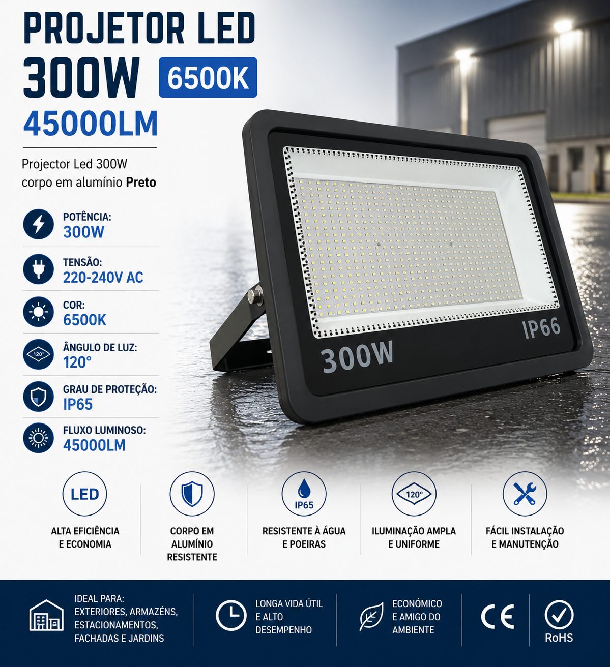 Projetor Led 300W 6500k PT - 45000LM
