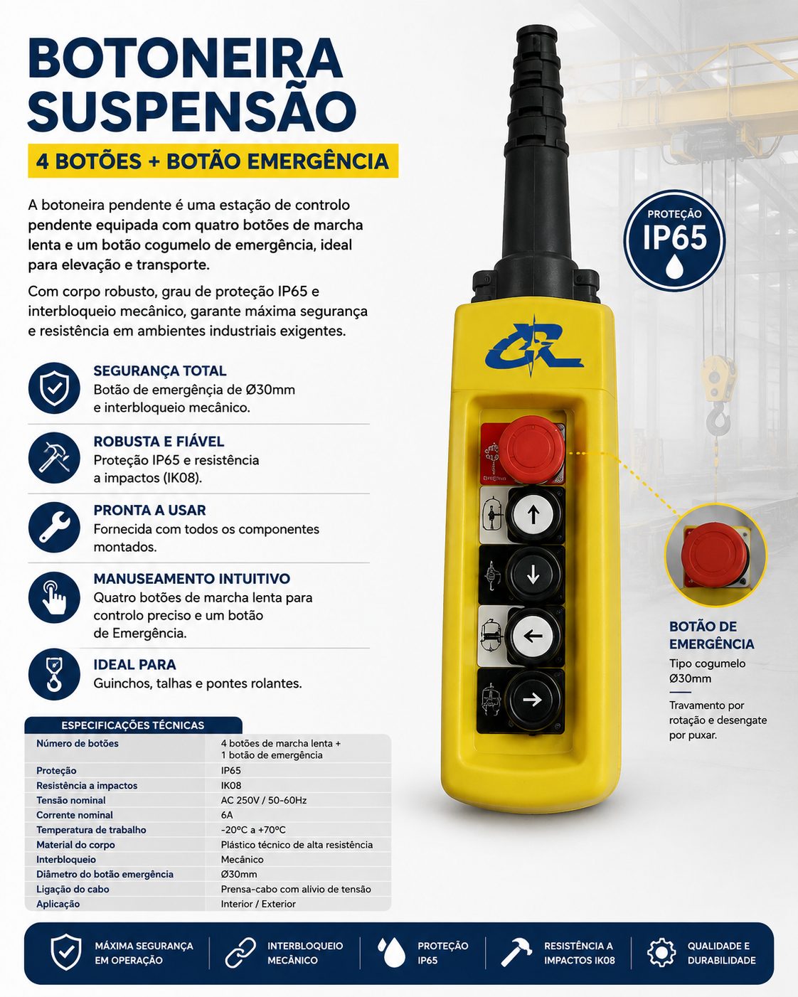 Botoneira Suspensão 4 Botões + Botão Emergência