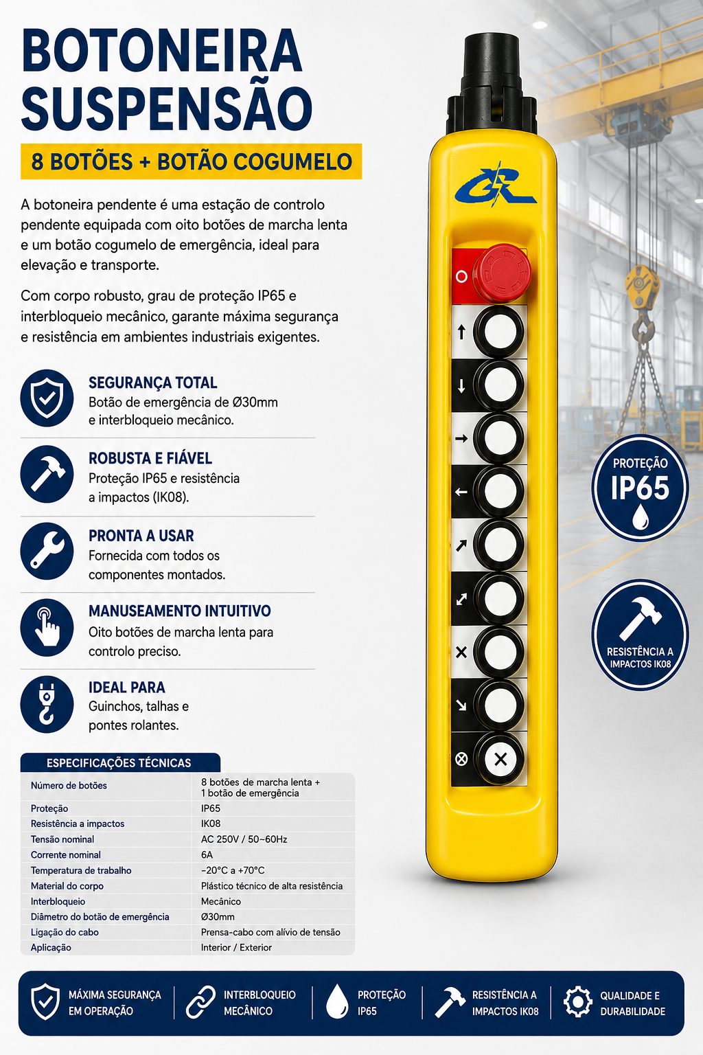 Botoneira Suspensão 8 Botões + Botão Cogumelo