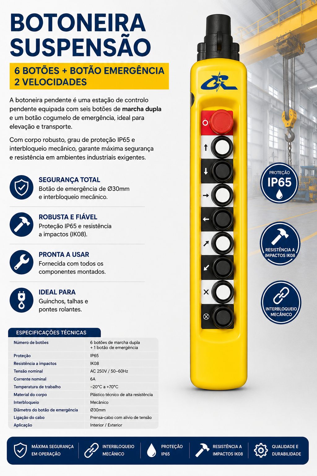Botoneira Suspensão 8 Botões + Botão Cogumelo - 2 Velocidades