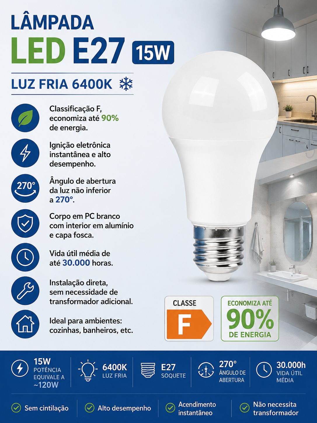 Lâmpada Led 15W E27 6400k