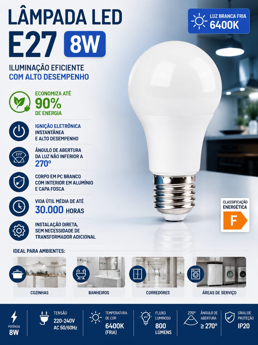 Lâmpada Led 8W E27 6400k