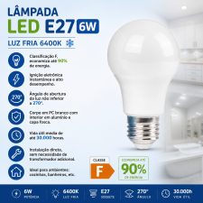 Lâmpada Led 6W E27 6400k
