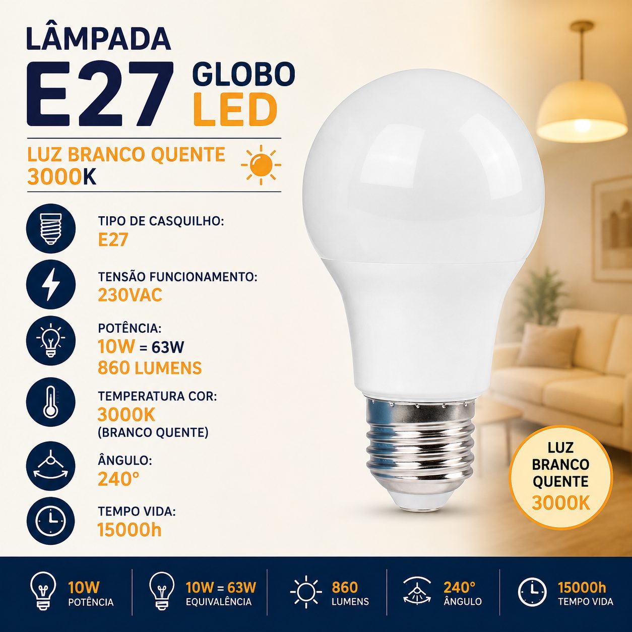 Lâmpada Led 10W E27 3000k