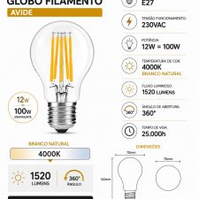 Lâmpada Led 12W E27 4000k Filamento