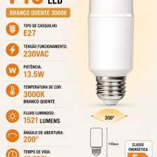 Lâmpada Led 13.5W E27 T45 3000K