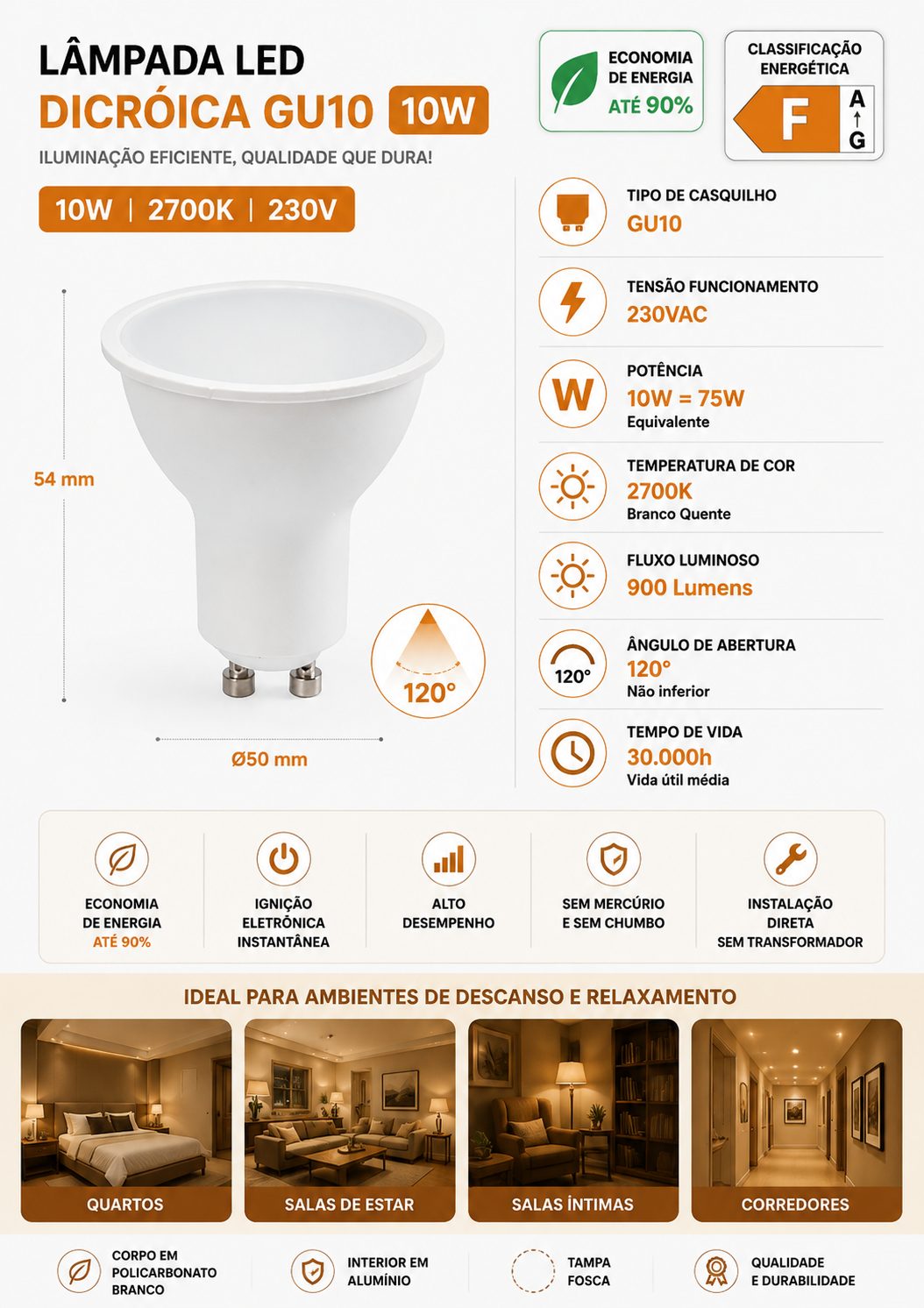 Lâmpada Led 10W GU10 2700K